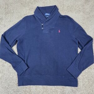 Polo by Ralph Lauren Men"s Estate Rib Navy Sweater With Shawl Collar Red Emblem